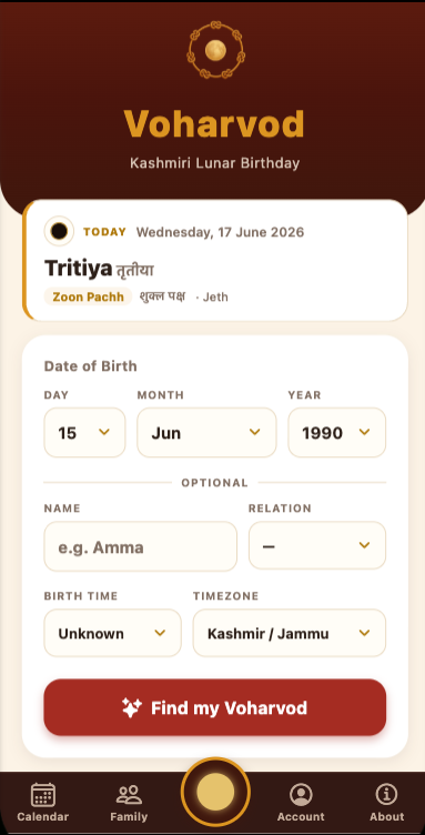 Voharvod app — calculate your lunar birthday screen